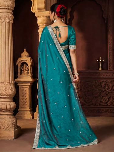AKHILAM Women's Light Blue Vichitra Silk Embellished Saree With Unstitched Blouse Piece (GOPI4401_AI)