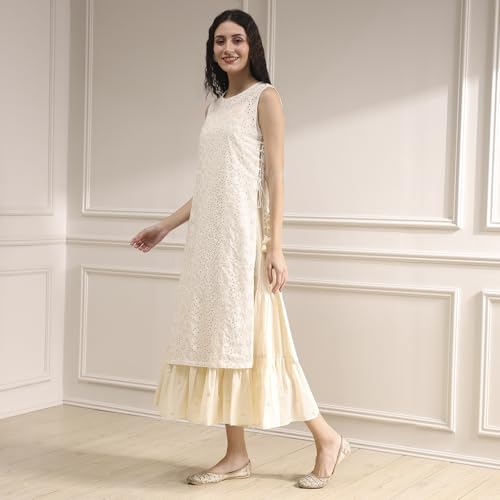 Biba Women's Cotton Embroidered Straight Kurta (SKDSCHIFFLI10573SS25OWH_Off White