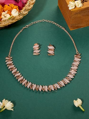 Ami Rose Gold Tone Dazzling Cubic Zirconia Bling Brass Necklace and Earring Set For Women-ZPFK21090