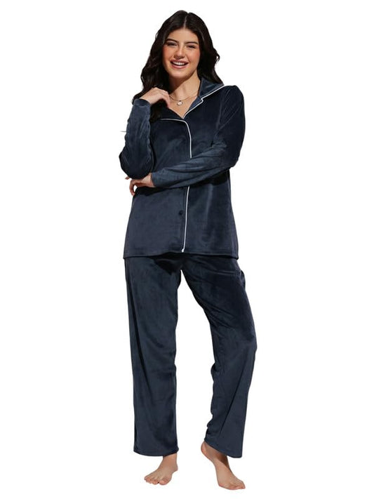 Clovia Women's Velour Button Down Shirt & Pyjama Set (LSW774G08_Navy Blue_S)