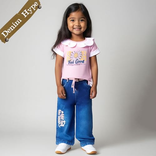 Hopscotch Girls Short Sleeves Pink 2-Pc Typographic Blouse & Denim Jeans (6-12 Months)