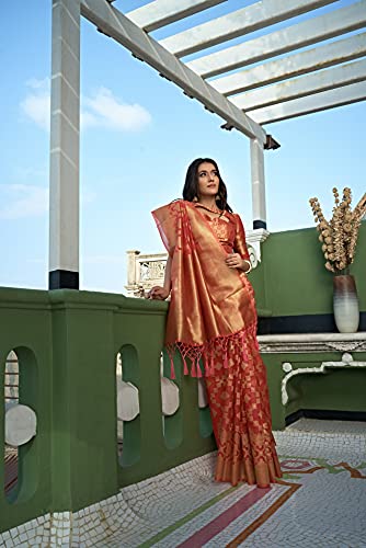 Vardha Women's Organza Art Silk Saree with Unstitched Blouse Piece - Zari Woven Work Sarees for Wedding (Kalini Silk, 435, Peach)