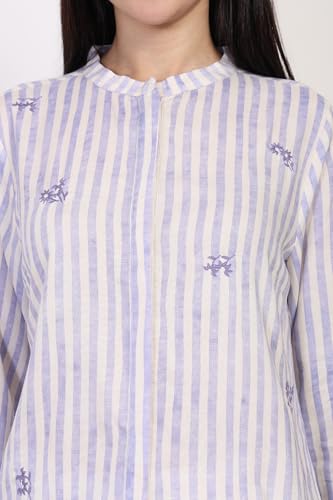 W for Woman White Striped Printed Thread Embroidered Straight Top - (WST31377-116511-XS)