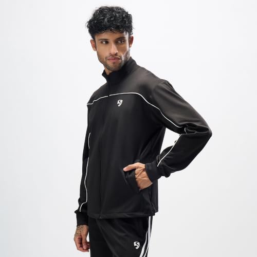 SG Cloud Jacket for Men, Regular Fit Sports Jacket, Four-Way Stretch & Flexible Full-front zipper Jacket, Black/White