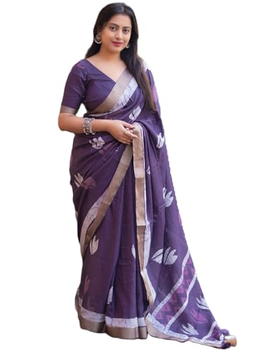 Panzora Women's Lavender Soft Linen Saree With Unstitched Blouse Piece