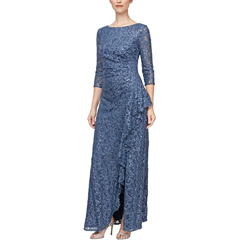 Alex Evenings Women's Long 3/4 Sleeve, Mother of The Bride Dress W/Cascade Ruffle and Front Slit, (Petite and Regular Sizes), Wedgewood Sleeve, 16