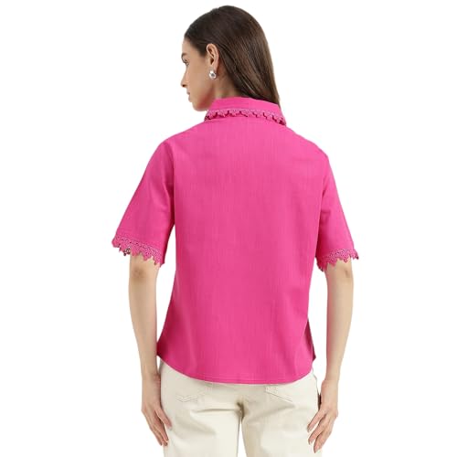 United Colors of Benetton Regular Fit Spread Collar Solid Lace Detail Slub Shirt (Size: M) - 26P5WVNTP309IPF1 Pink