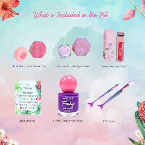 Whimsy Beauty Organic & Safe Sling Bag Makeup Kit | Safe, Non Toxic Beauty Set for Preteen & Teen Girls |Lip & Cheek Tint, Lip Gloss, Eye Glitter & Nail Polish | Vegan & Cruelty Free (Pack of 7)