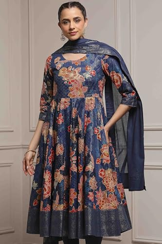 Biba Women Navy Cotton Anarkali Printed Suit Set_42