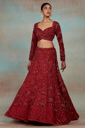 Women's Red Net Reception Lehenga with Sweetheart Neck