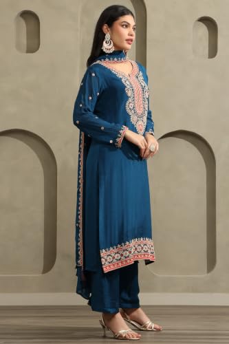 Soch Womens Blue Chinon Ethnic Motifs Zari Embroidered Salwar Suit