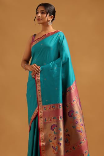 Soch Womens Turquoise Blue Silk Blend Ethnic Motifs Zari Woven Saree
