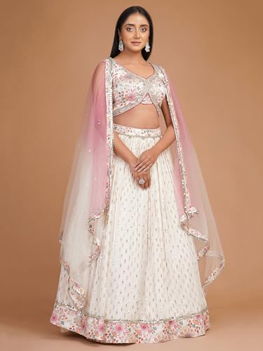 Zeel Clothing Women's Sequins Zari Embroidered Work Georgette Lehenga Choli With Dupatta (7070-White-Women-Lehenga-Choli-Latest; Free size) (White)
