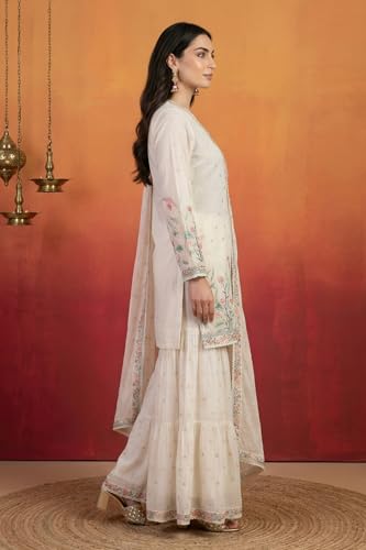 Wishful Women's Off White Thread Embroidered Chanderi Straight Kurta with Sharara and Dupatta Set - (SP13782-400520-M)