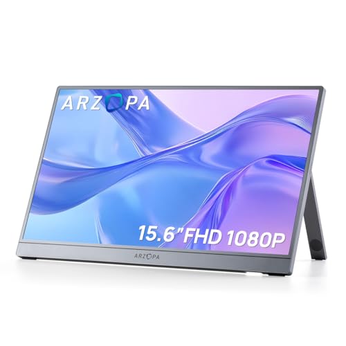 ARZOPA Portable Monitor 15.6'' FHD 1080P - Ultra-Slim Portable Laptop Monitor with Kickstand - IPS Display for PC, MAC, Phone, Xbox, PS5 - USB C & HDMI Connectivity - A1 GRAY