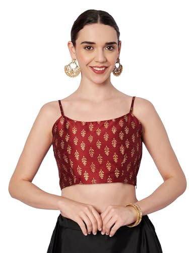 studio rasa Women's Dupion Hand Block Printed Spaghetti Readymade Crop Top for Festive Party Wedding(TPWC12609L_Maroon_Large)