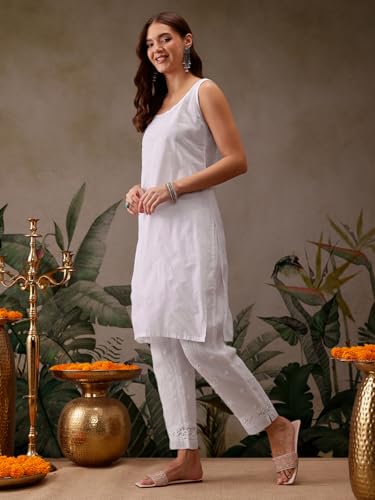 Ada Hand Embroidered Lucknow Chikankari Women's Cotton Blend Kurta with Slip A411117 (L, White)