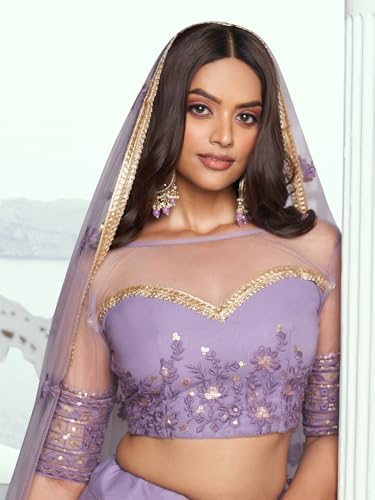 Zeel Clothing Women's Cotton Thread Sequins Work Embroidery Soft Net Readymade Lehenga Choli Set With Dupatta (Nfh-2202-Lavender-Women-Lehenga-Choli-Latest; Free Size)