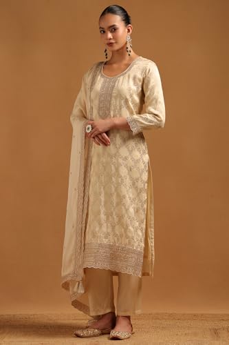 Soch Womens Beige Brocade Ethnic Motifs Salwar Suit With Sequins