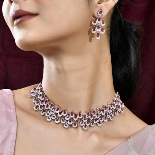 VOYLLA Royal Romance Blossom Necklace Set|Collar Necklace Sets For Women|Women Necklace Sets|Gift For Women|American Diamond|Wedding|Cocktail|Love|Heart|Party|Valentine Gift