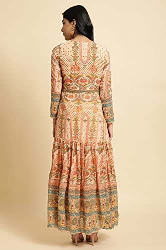 W for Woman Women's Polyester Beige Printed Tiered Dress with Embroidery Calf Length (23FEW11052-118561_Rust_6)