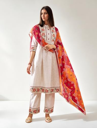 V4M Women's Cream Cotton Blend Floral Embroidered Anarkali Kurti & Plazzo Pant With Dupatta