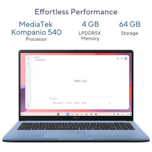 ASUS Chromebook CM1505 (2026), Smartchoice, MediaTek Kompanio 540 Processor, 4GB RAM, 64GB SSD, FHD, 15.6"(39.6 cm), 60Hz, Chrome OS, Fabric Blue, 1.49 Kg, CM1505CM4A-S70080, Thin & Light Laptop