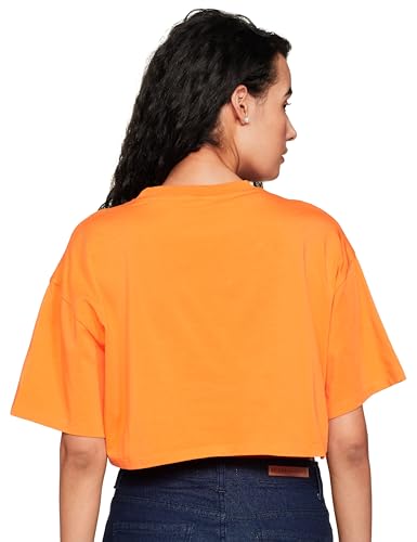 Pepe Jeans Solid Round Neck Cotton Women's T-Shirt (Orange,Large)
