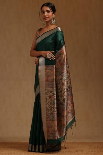 Soch Womens Green Tussar Floral Printed Saree