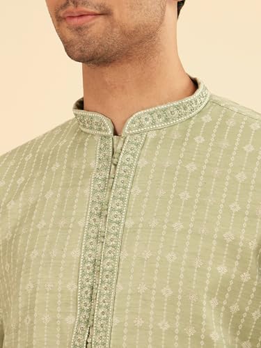 Manyavar Men's Art Silk Sequined Placket Printed Festive Kurta Set (Light Mid Green,L)