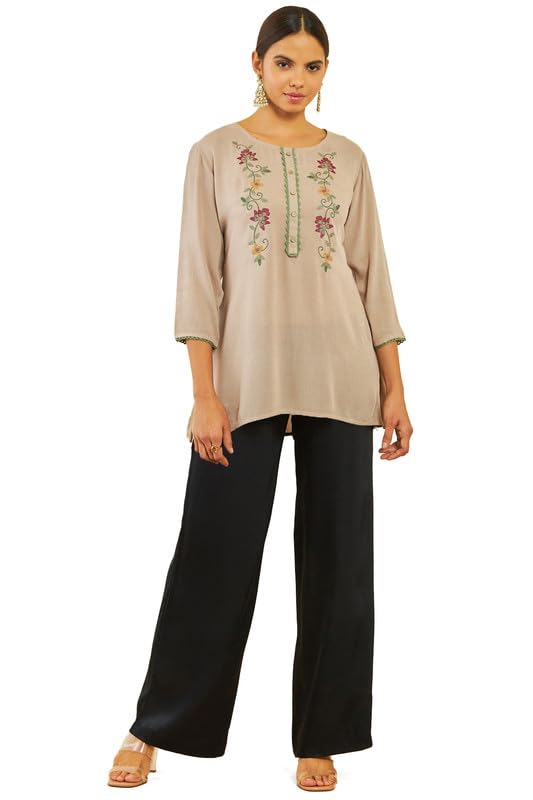 Soch Womens Beige Crepe Floral Threadwork Embroidered Round-Neck Tunic