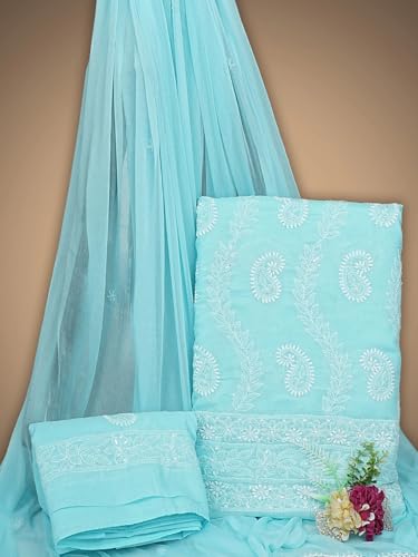 Ada Hand Embroidered Lucknowi Chikankari Unstitched Cotton Dress Material Suit Piece with Dupatta for Women with Cutdana Work 01A861439 Blue