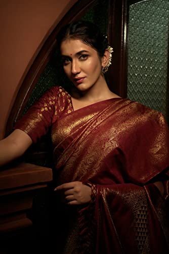 Vardha Women's Kanchipuram Art Silk Saree with Unstitched Blouse Piece - Zari Woven Work Sarees for Wedding (Asya Silk, 393, Maroon)