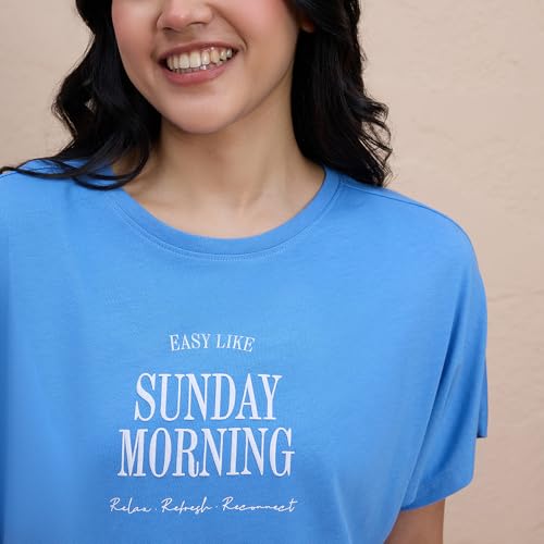 NYKD Buttery Soft Modal Cotton Graphic Tee for Women with Extended Sleeves – Comfortable Relaxed Fit, Stylish Design, Model NYS931 Blue