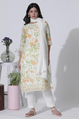 White Floral Printed Cotton Kurta, Pants with Dupatta Set_24ONWS10573-121976_XL