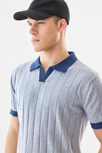 SNITCH Men's T-Shirt | Textured Knit Polo with Contrasting Collar & Cuffs | 100% Cotton Breathable Fabric Regular Fit Stylish Retro Half Sleeve for Casual Wear | Light Grey