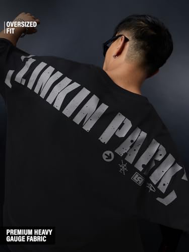 The Souled Store Linkin Park: Hybrid Theory Men and Boys Short Sleeves Round Neck Black Graphic Printed Casual Lightweight Drop Shoulder Streetwear Trendy Cotton Oversized T-Shirt