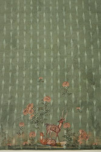 Soch Womens Green Linen Botanical Print Unstitch Dress Material With Sequins