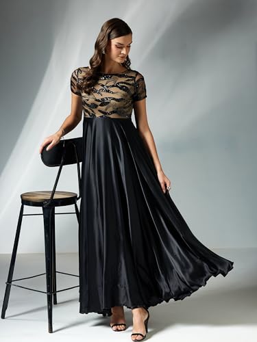Miss Chase Women's Boat-Neck Short-Sleeve Abstract Fit & Flare Satin Maxi Dress (MCAW25D86-23-62-04, Black, M)