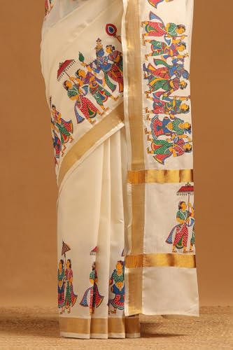 Soch Womens Cream Cotton Madhubani Printed Kasavu Saree