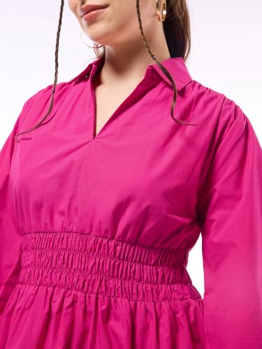 Bewakoof Women's Solid Oversized Fit Full Sleeve Collar Cotton Shirt Dress 635464 Pink M