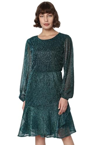 VERO MODA Women Textured Polyester Knee Length Green A-Line Dress
