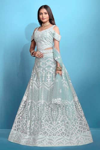 VARNI FABRICS: A lady's First Love Women’s Net Embroidered Lehenga Choli Set Elegant Ethnic Wear for Festive & Wedding Occasions (BLUE)
