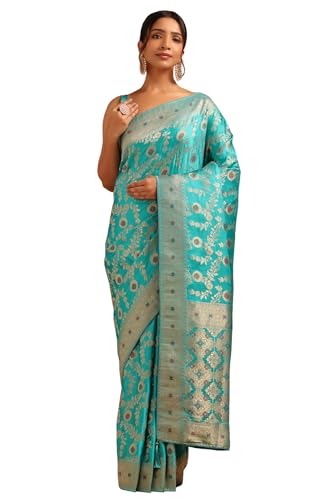 Soch Womens Turquoise Blue Satin Floral Saree With Zari Work