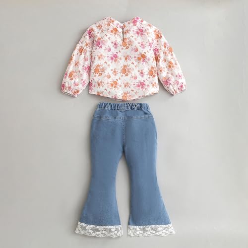 Hopscotch Girls Full Sleeves White 2-Pc Floral Bow Applique Blouse & Jeans For Age (18-24 Months)