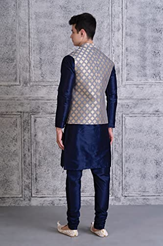 Ethluxis Men's Silk Blend Regular Fit Navy Kurta Pyjama Set With Bundi Nehru Jacket Waistcoat (44, Navy/Grey), 2XL