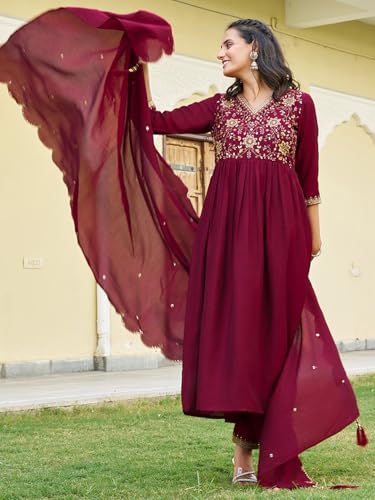 NIVANA Emboidered Flared Kurta with pant & Embroidered Dupatta | M | Maroon | V-neck | 3-Piece Ethnic Set