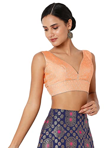 SALWAR STUDIO S Women's Peach Brocade Self Design Readymade Saree Blouse-SSB4180-PECH