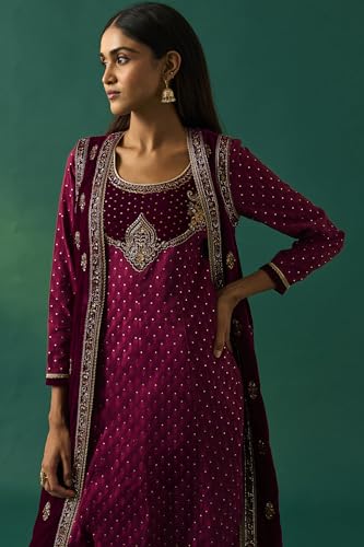 Wishful Women's Maroon Embroidered Anarkali Gilet with Dress and Churidar Set - (SP12855-218120-XXL)