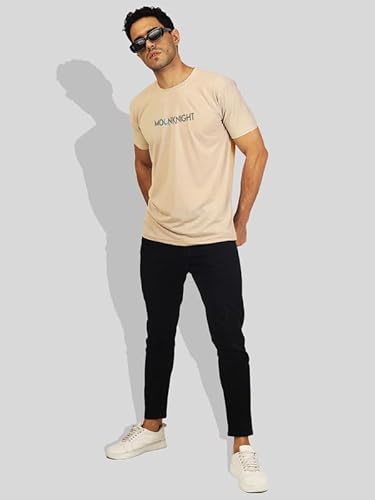 T-70 Men's Printed Round Neck Half Sleeves Poly-Cotton T-Shirt | Color - Fawn | Size - L (254)